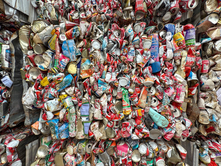 Closeup of crushed aluminum cans