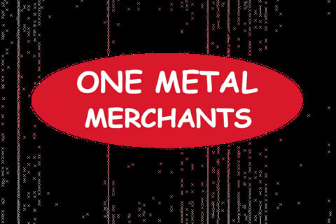 Red oval banner with white text reading ONE METAL MERCHANTS on a black background