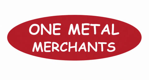 One Metal Merchants logo with white text on red oval background